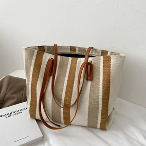 Women's Large Capacity Striped Canvas Tote Bag Casual Shoulder Handbag For Daily Commuting Office Travel Versatile Shopper Bag