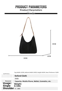 Tableau des tailles détaillé pour sac à bandoulière en oxford avec dimensions et capacité
