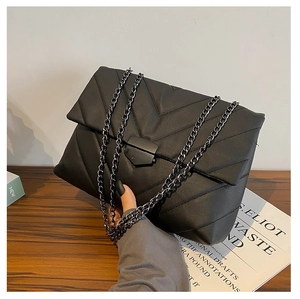 Macro view of black quilted faux leather bag with V-shaped stitching and chain strap