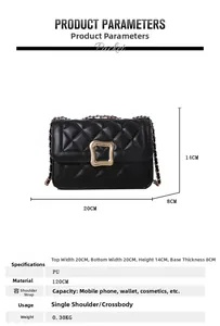 Detailed size specifications for quilted PU leather crossbody bag with chain strap