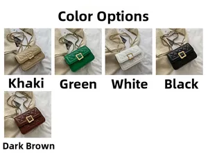 Detailed color display of quilted flap bags in khaki, green, white, black and brown