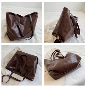 Détails du grand sac cabas marron foncé en similicuir PU de qualité et texture rétro