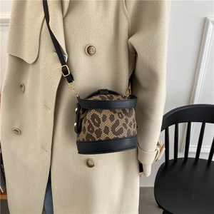 Retro leopard print mini bucket bag with leather trim and gold hardware for women