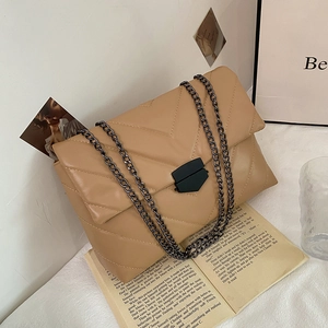 Women Fashion Chevron Quilted PU Leather Shoulder Bag Metal Chain Strap Square Crossbody Bag Solid Color Flap Small Handbag