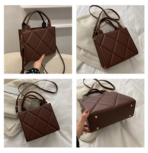 Multi-angle view of brown quilted handbag showing handles, base studs and leather texture