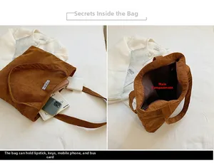 Vue détaillée du sac cabas en velours côtelé marron avec intérieur spacieux et fermeture