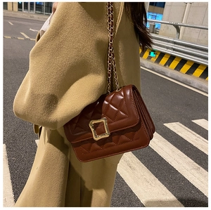 Close-up of brown quilted leather bag featuring a gold square buckle and chain strap