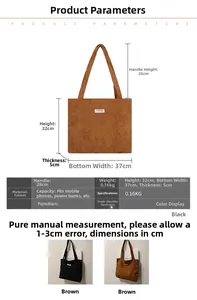 Tableau des dimensions détaillées montrant la taille de ce sac fourre-tout en toile marron