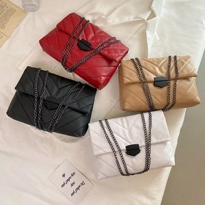 Quilted chain shoulder bags in red, black, khaki, and white with elegant V-stitch patterns
