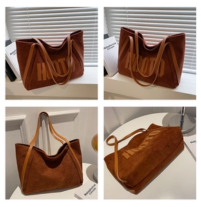 Detailed views of a brown suede tote bag with HOT letter patch and large capacity