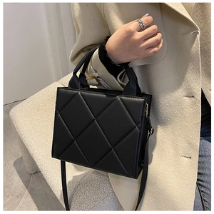 Detail showing the quilted rhombic texture and round handle of the black square handbag