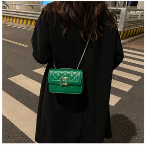 Close-up of green quilted shoulder bag with gold square buckle worn over a black coat