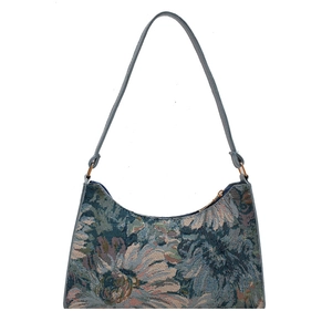 Retro blue floral jacquard underarm bag with vintage patterns and leather shoulder strap