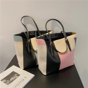 Chic multi-color patchwork PU leather tote bags for women with adjustable straps
