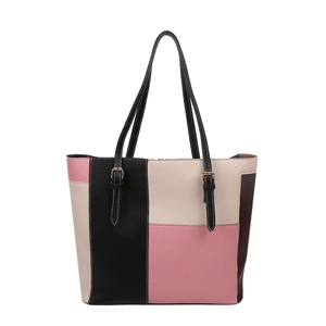 Women's color block tote bag in pink, black, and beige with large capacity design