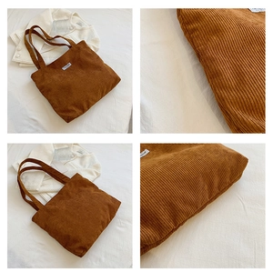 Vues détaillées du sac cabas en velours côtelé caramel montrant la texture et l'étiquette