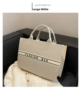 Détail du cabas en tissu jacquard avec motif M et lettrage fashion sur la bande