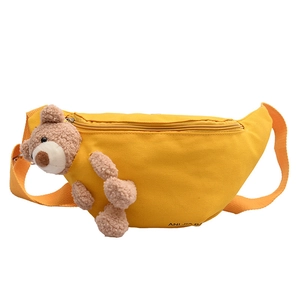 Cute yellow canvas chest bag for women featuring a 3D plush bear and adjustable strap