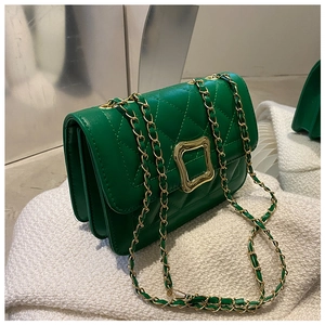 Detail of green quilted leather bag featuring a gold chain strap and metallic buckle