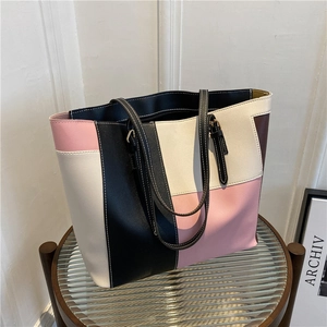 Sac Cabas Femme en Cuir PU Bloc de Couleur Grande Capacité Épissage Sac à Épaule Minimaliste Street Style Navettage Main