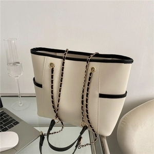 Sac Fourre-tout en Cuir PU Mode Femme Grande Capacité Bandoulière Chaîne Bordure Contrastée Sac à Main Style de Rue