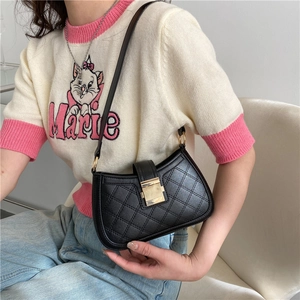 Chic black quilted faux leather shoulder bag with elegant golden square metal clasp
