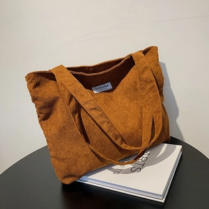 Sac Fourre-tout Décontracté en Velours Côtelé pour Femmes Sac à Bandoulière Grande Capacité Patch Mode Rayures Verticales