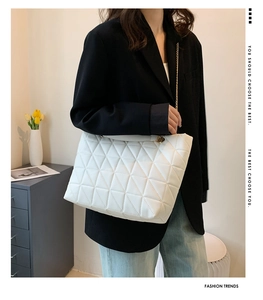 Détail d'un sac cabas blanc matelassé avec chaîne dorée et texture à losanges élégante