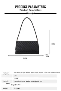 Detailed dimensions of a black quilted faux leather baguette bag with V-shaped stitching