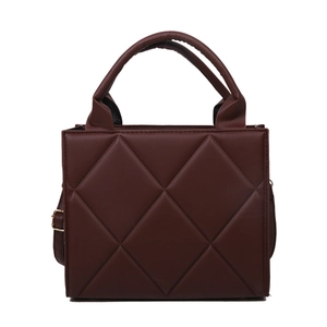 Quilted dark brown tote bag with top handle and classic diamond pattern texture