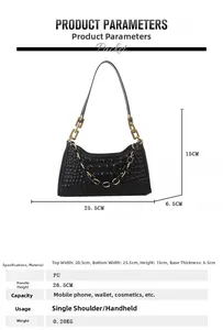 Detailed size chart of black quilted PU leather shoulder bag with gold chain and dimensions
