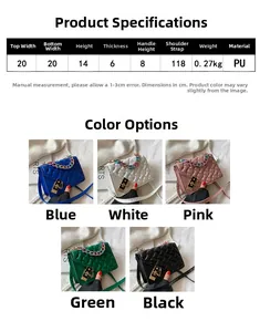 Detailed size chart for quilted PU leather handbag with chain strap and gold clasp