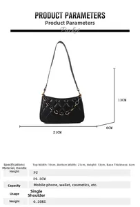 Détail du sac à bandoulière matelassé noir avec chaîne dorée et tableau des tailles