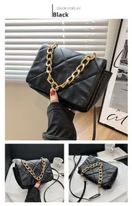 Détail du sac bandoulière noir matelassé avec chaîne dorée et rabat carré élégant