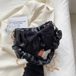 Borsa a Spalla Plissettata Con Fiocco di Moda Per Donna in Pelle PU e Raso Borsa Sottobraccio Elegante Borsa a Mano Con Catena di Metallo