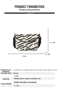 Detailed dimension guide for black and white canvas tote bag with product parameters