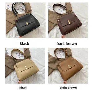 Detail view of four crossbody tote bags in earthy tones with gold rotating locks