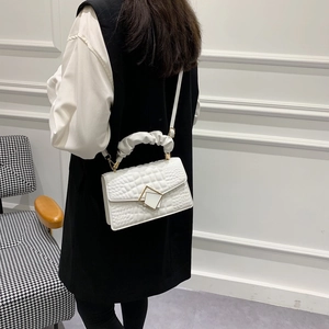 White crocodile pattern crossbody bag with pleated handle and square buckle detail