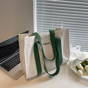Women Fashion Canvas Tote Bag Large Capacity Shoulder Bag With Letter Print Simple Color Block Casual Commuting Handbag