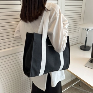 Large capacity black and white canvas tote bag with fashion print and wide shoulder straps