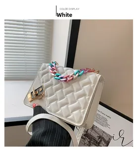 Detail of white woven texture bag with gradient acrylic chain and metal lock buckle