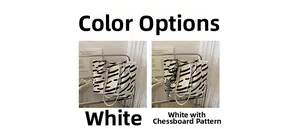 Detail view of large canvas tote bag in black and white stripes with checkerboard ribbon