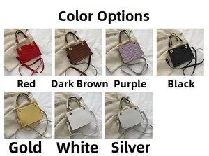 Detailed grid view showcasing small square bags in red, brown, purple, black, gold, and white