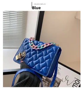 Detail of blue quilted PU bag with resin chain handle and metal lock closure