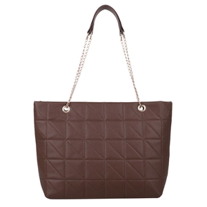 Grand sac cabas matelassé marron foncé avec couture triangle et bandoulière chaîne dorée