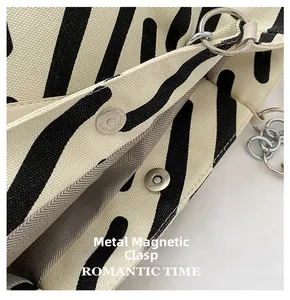 Detail of the magnetic snap closure and silver hardware on zebra print canvas tote bag