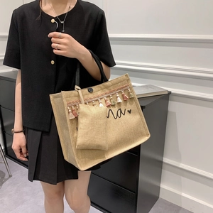 Bohemian linen tote bag with colorful tassels and letter print for casual summer travel