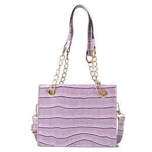 Light purple faux crocodile leather small square bag with elegant golden chain straps