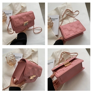 Detailed views of pink chain bag with 3D embossed texture and gold metal lock