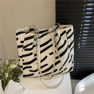 Women Large Capacity Canvas Tote Bag Zebra Striped Pattern Shoulder Bag With Metal Chain Casual Everyday Commuting Fashion Handbag